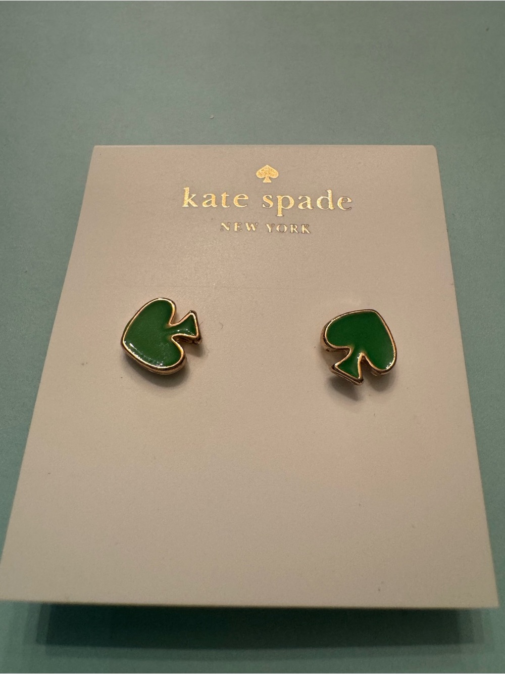 kate spade green enamel spade stud earrings with gold trim